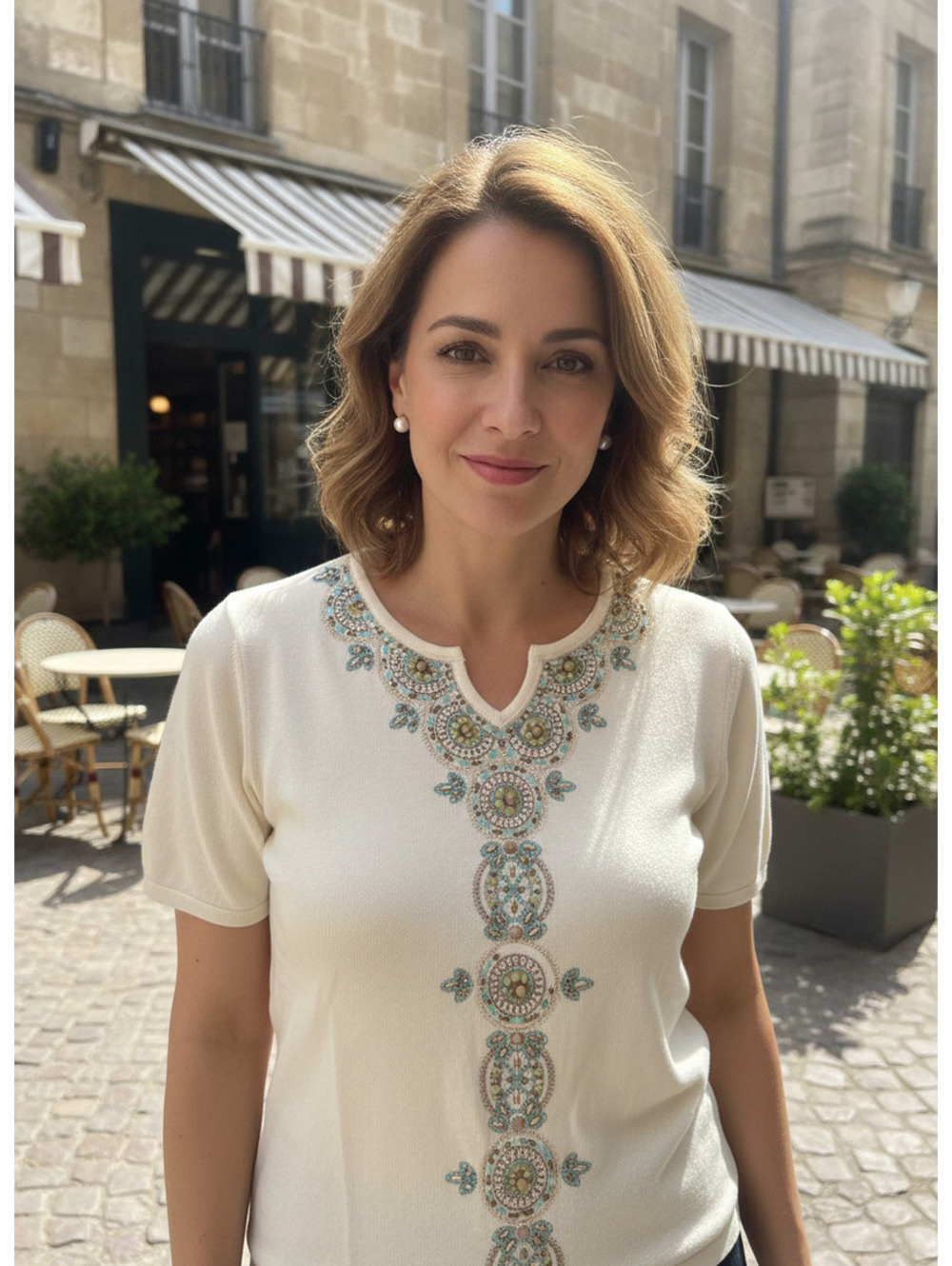 251 Alfred Dunner Petite PM Ivory Beaded Embellished Top NWT